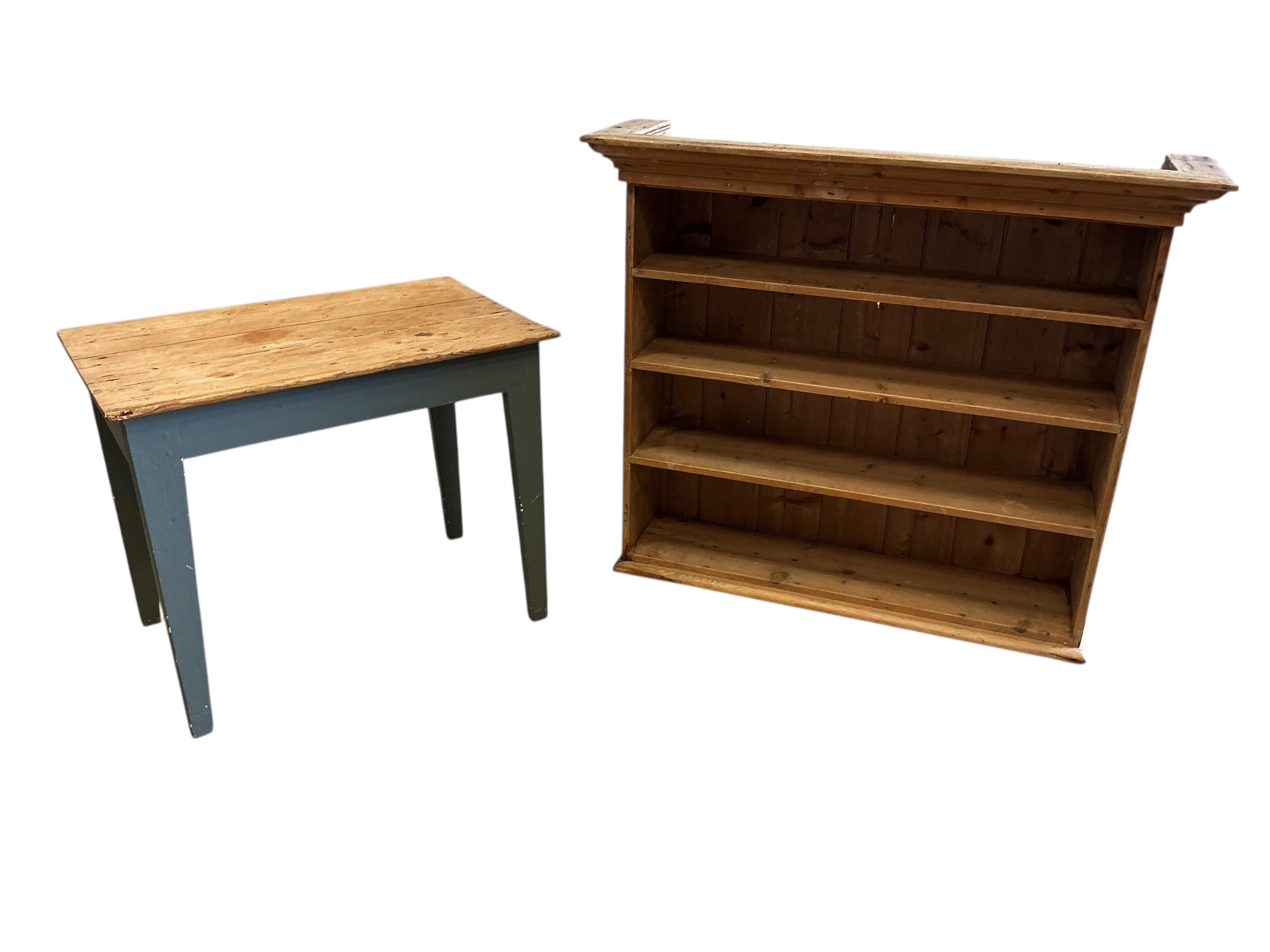 A small Victorian rectangular painted pine table, width 81cm, depth 50cm, height 65cm, together with a pine plate rack